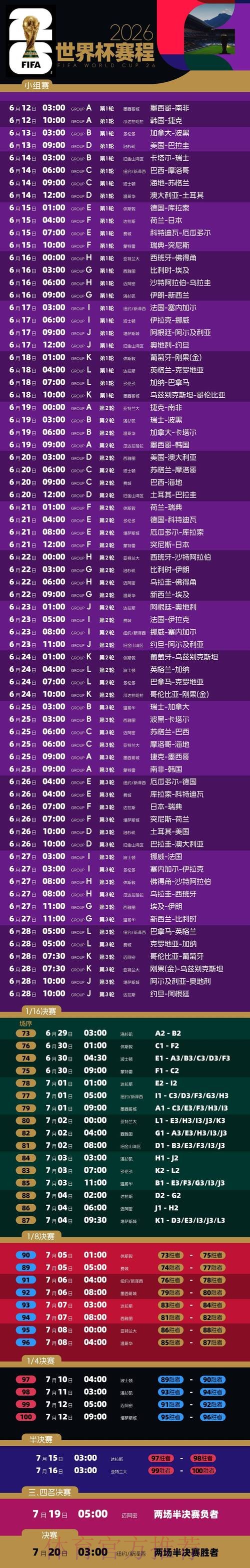 2026世界杯比赛时间实时更新比赛时间表怎么查